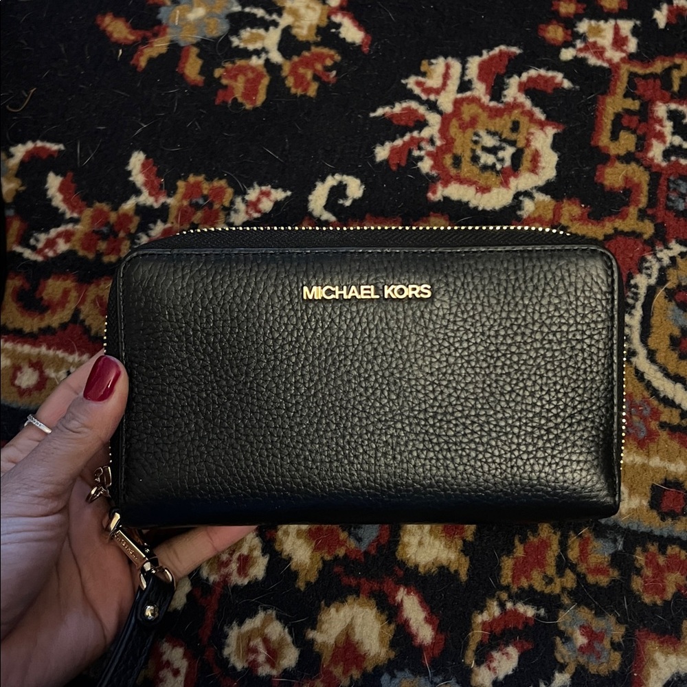 Michael Kors Black Pebbled Leather Zip-Around Wristlet